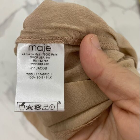 Maje Blouse Wrap Front Cuffed Women 1 Small Beige/Black Deep V-Neck Silk Pleated - Picture 7 of 11